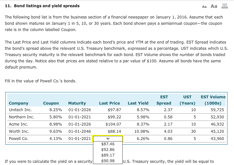  11. Bond listings and yield spreads Aa Aa E The following