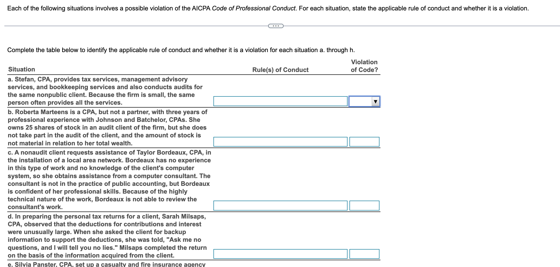 of conduct and whether it is a violation for each situation a.