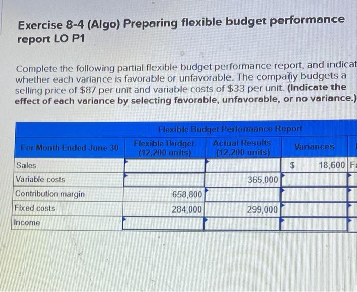  Exercise 8-4 (Algo) Preparing flexible budget performance report LO P1 Complete