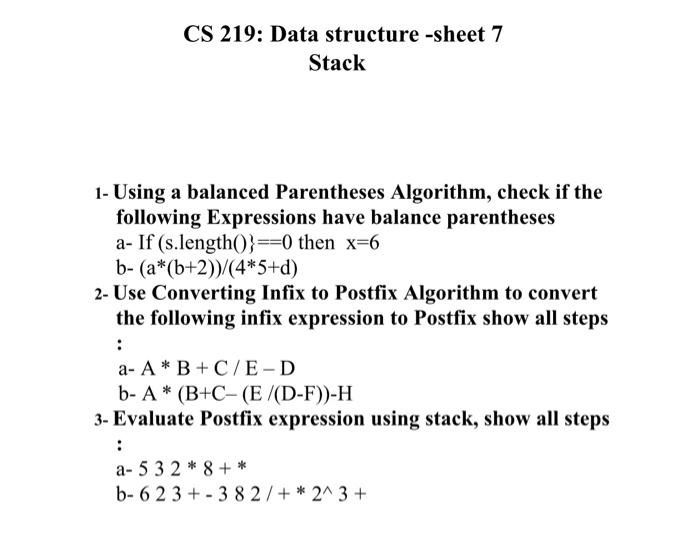  CS 219: Data structure -sheet 7 Stack 1- Using a balanced