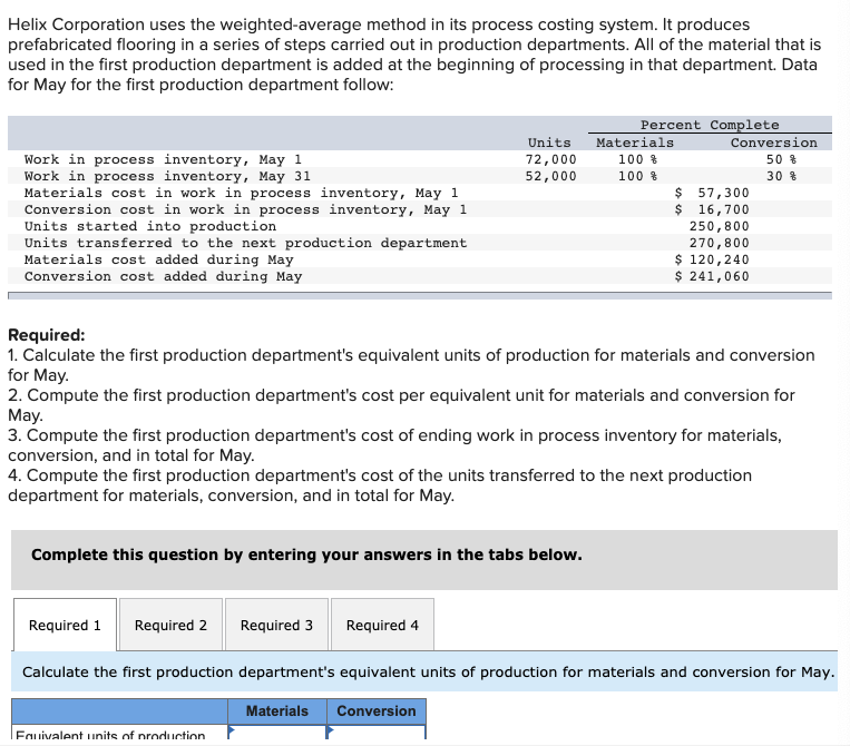 Helix Corporation uses the weighted-average method in its process costing system.