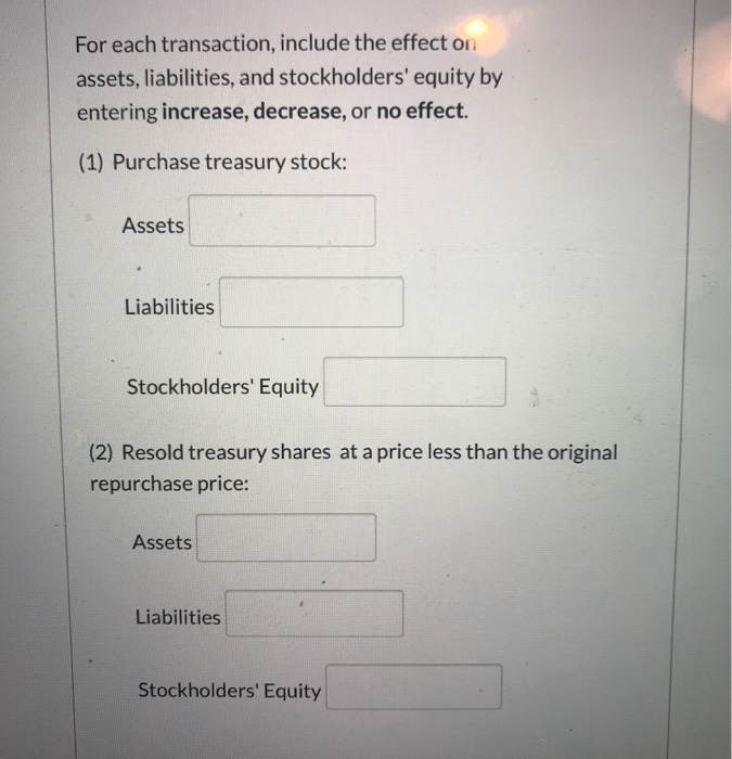  For each transaction, include the effect on assets, liabilities, and stockholders'