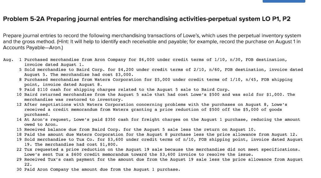 Problem 5-2A Preparing journal entries for merchandising activities-perpetual system LO P1,