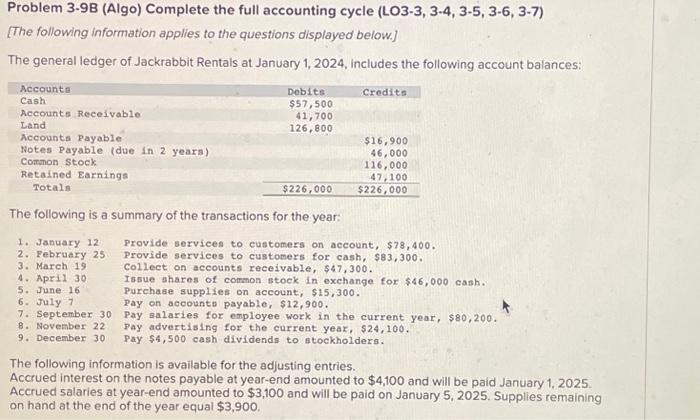  Problem 3-9B (Algo) Complete the full accounting cycle (LO3-3, 3-4, 3-5,
