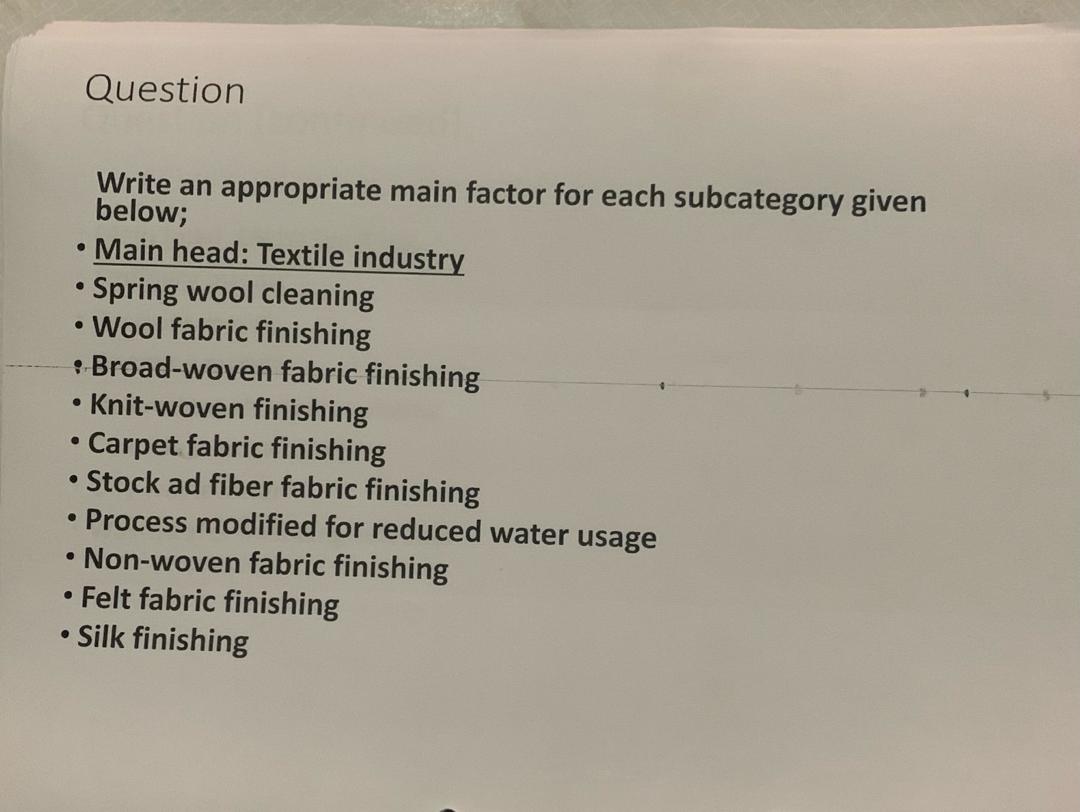  Question Write an appropriate main factor for each subcategory given below;