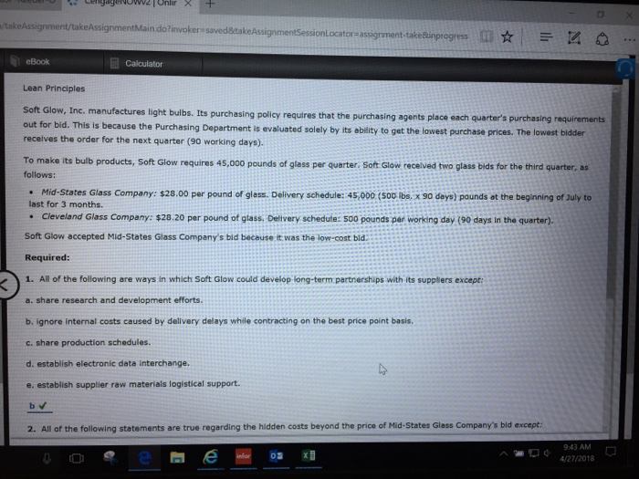  takeAssignment/takeAssignmentMaindo?invokers t/takeAssigrmentMain do?invoker-saved&takeAssignmentSessionLocator-assignment-takeBinprogress eBook Calculator Lean Principles Soft Glow, Inc. manufactures