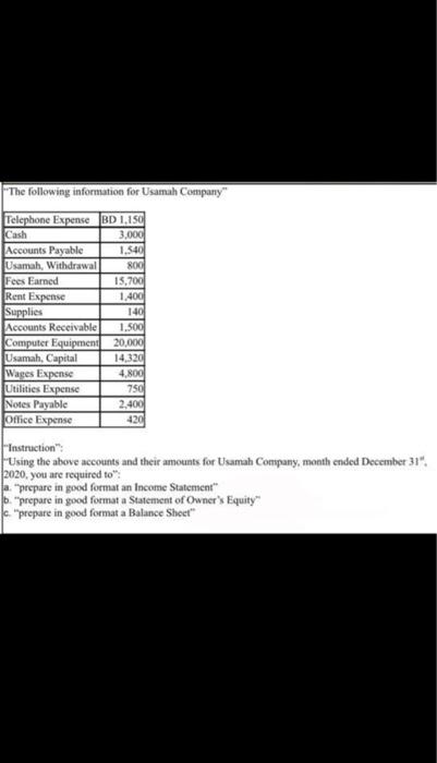 please solve with computer not hand writing, thank you. The following information