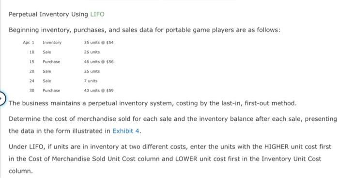 Inventory 35 units @ $54 10 Sale 26 units 15 Purchase 46