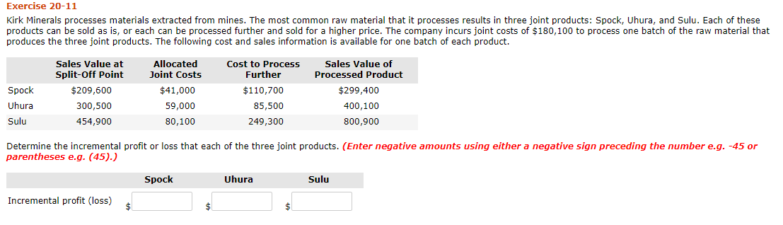 Exercise 20-11 Kirk Minerals processes materials extracted from mines. The most