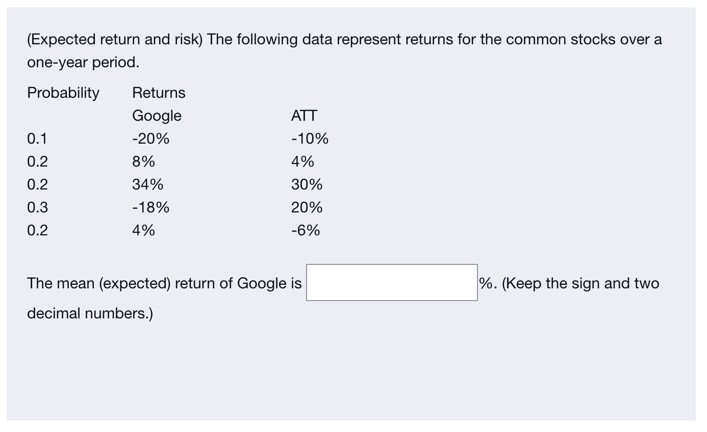  (Expected return and risk) The following data represent returns for the