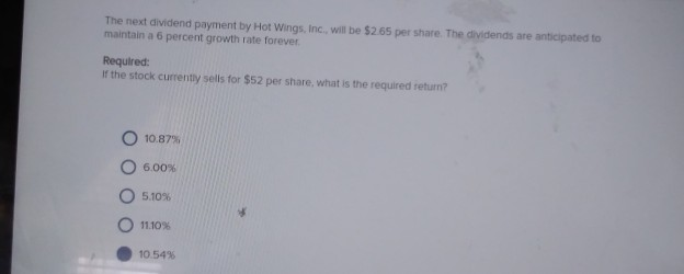  The next dividend payment by Hot Wings, Inc. will be $265