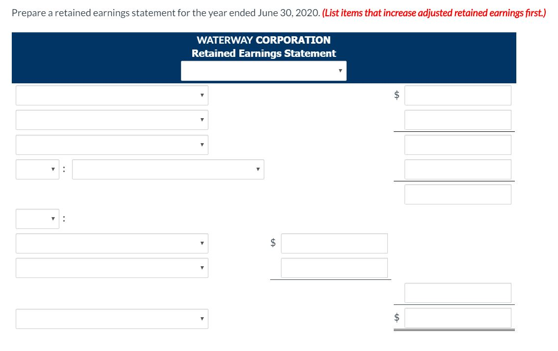 2020. (List items that increase adjusted retained earnings first.) WATERWAY CORPORATION Retained