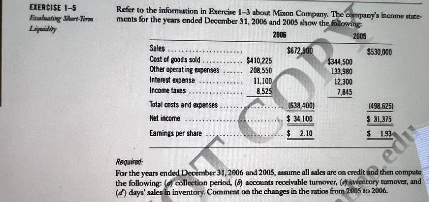 EXERCISE 1-5 Refer to the information in Exercise 1-3 about Mixon