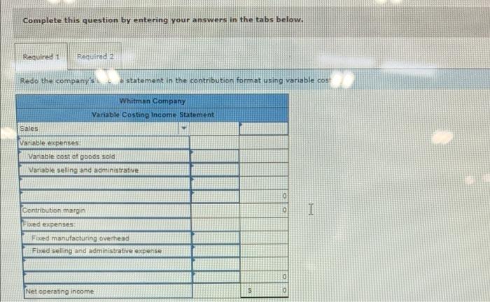 of operations. The company's absorption costing Whitman "pany has just completed its