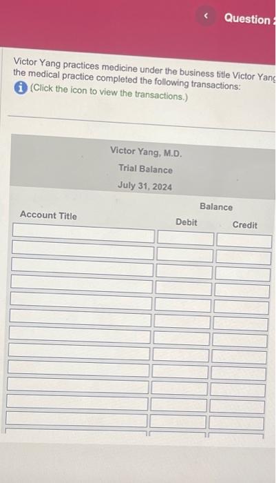 During July. the medical practice comploted the following transactions. (Click the icon