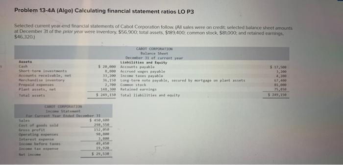  Problem 13.4A (Algo) Calculating financial statement ratios LO P3 Selected current