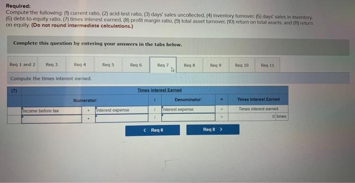 debt-to-equity ratio, (7) times interest earned, (8) profit margin ratio, (9) total