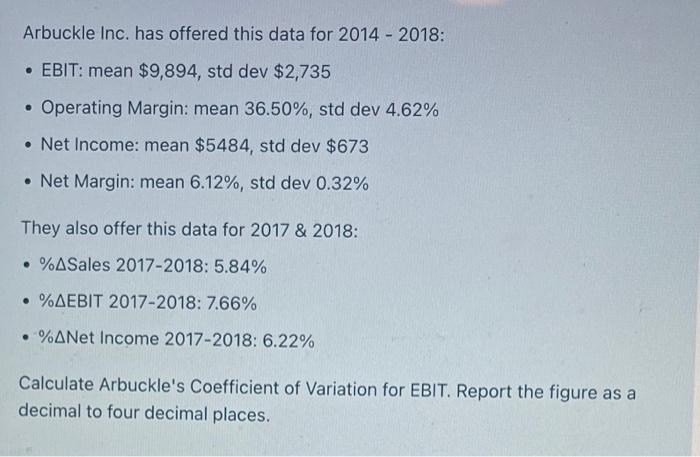  Arbuckle Inc. has offered this data for 2014 - 2018: -