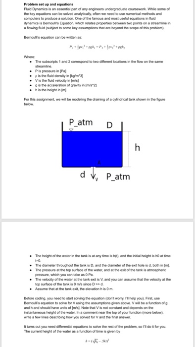 Solve using MatLab Problem set up and equations Fluid Dynamics is an