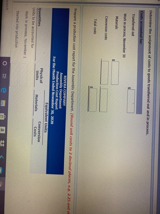 several processing departments. Costs charged to the Assembly Department for November 2020