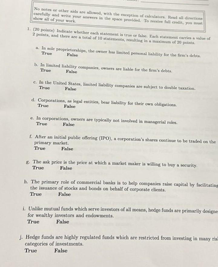 No notes or other aids are allowed, with the exception of