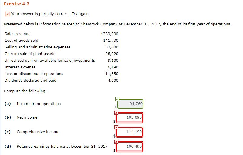  Exercise 4-2 Your answer is partially correct. Try again Presented below
