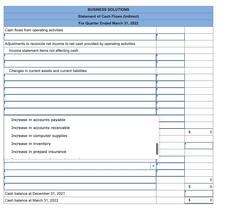 her business using the following financial data. Required: Prepare a statement of