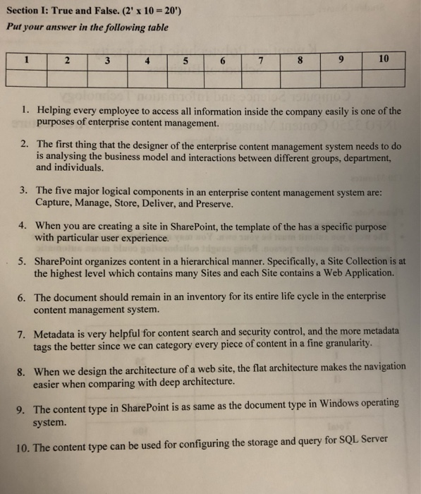  Section 1: True and False. (2' x 10 = 20') Put