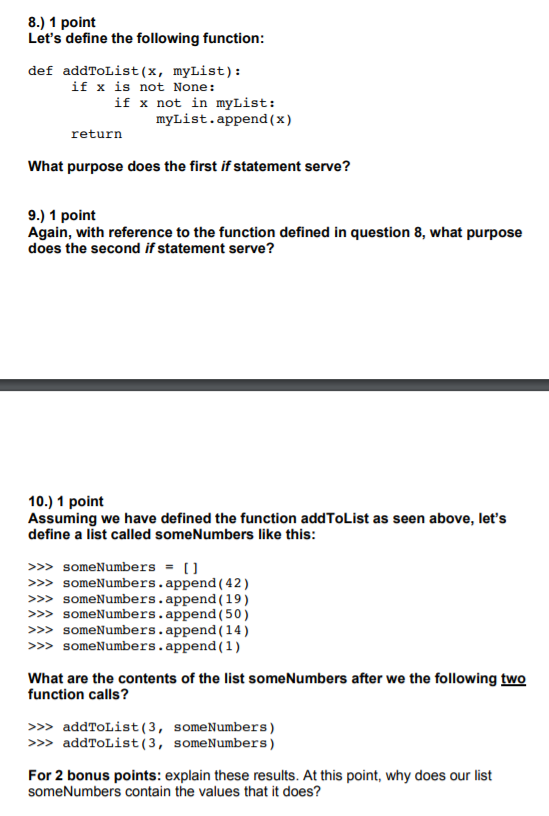 I am using python 8.) 1 point Let's define the following function: