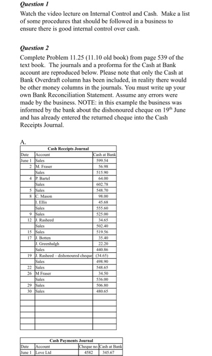  Question 1 Watch the video lecture on Internal Control and Cash.