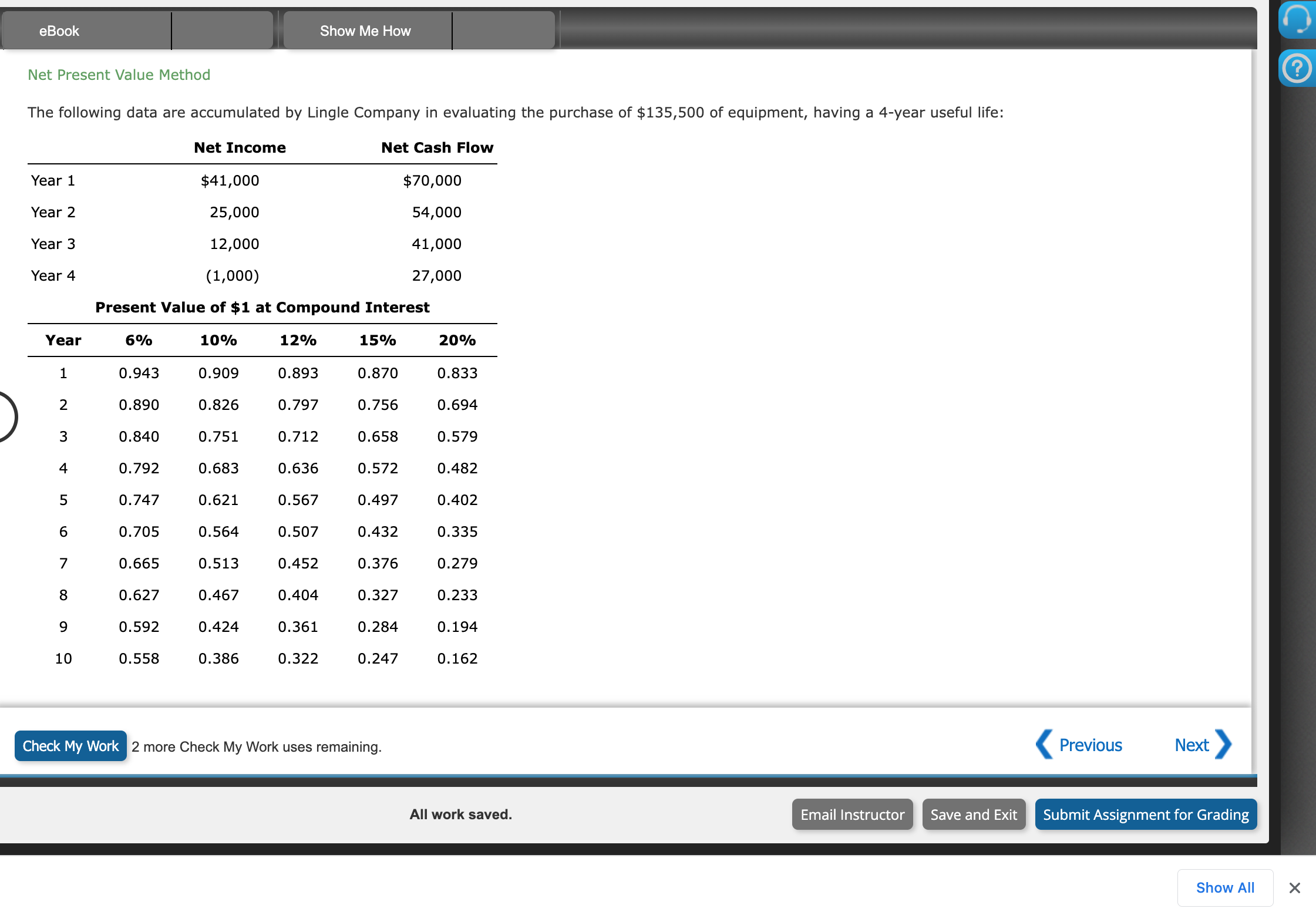  Net Present Value Method The following data are accumulated by Lingle