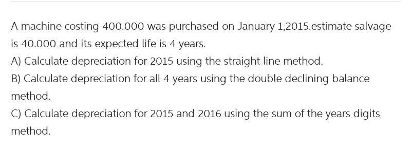 I need the answer as soon as possible A machine costing 400.000