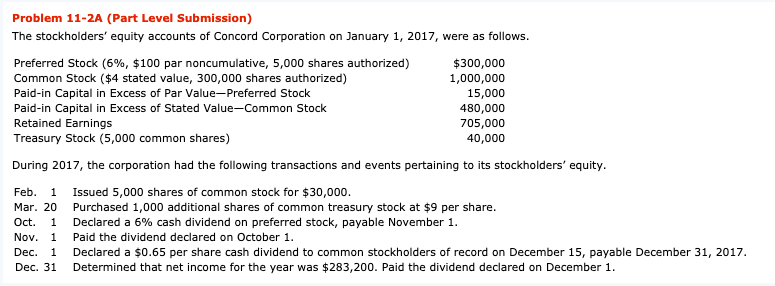 Part (c) please Problem 11-2A (Part Level Submission) The stockholders' equity accounts