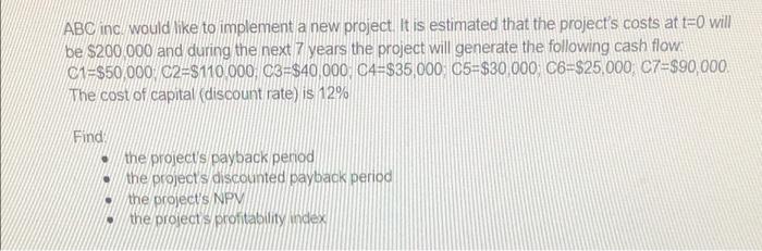  ABC incl would like to implement a new project. It is