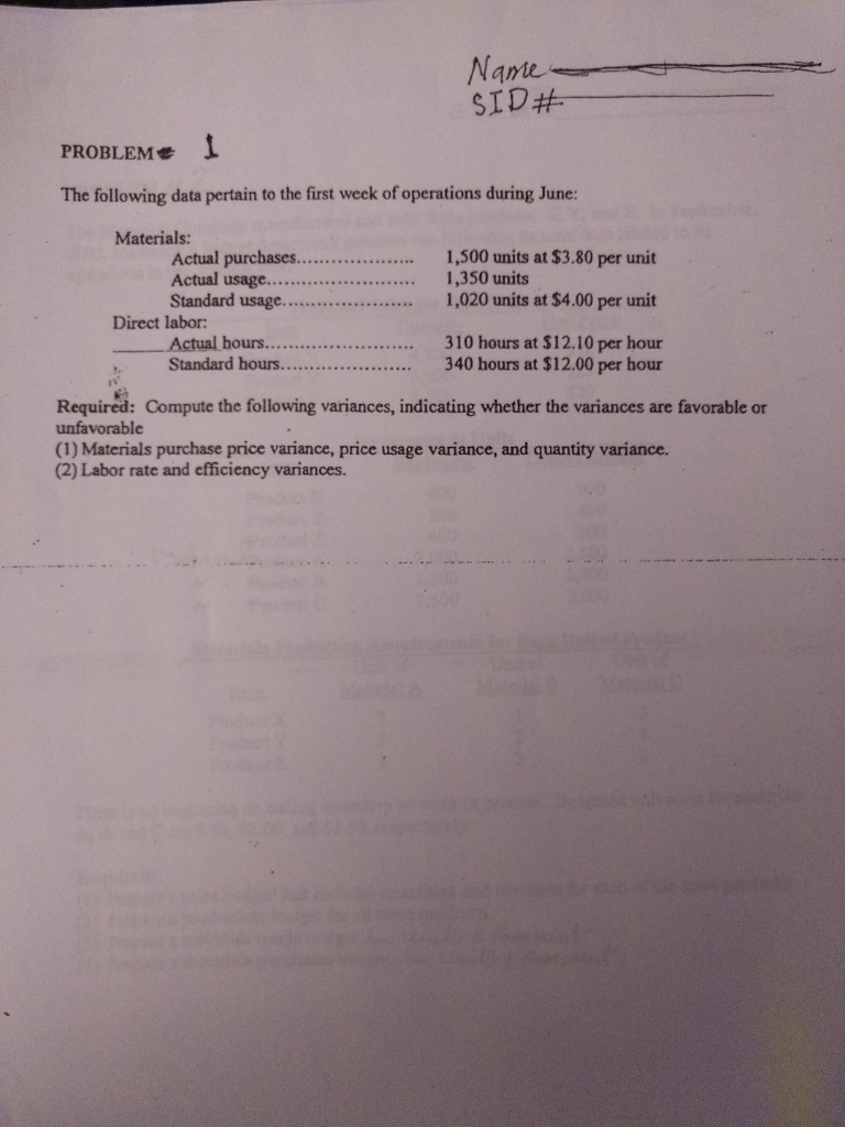 Please help solve. Thank you much. Name SID# PROBLEM 1 The