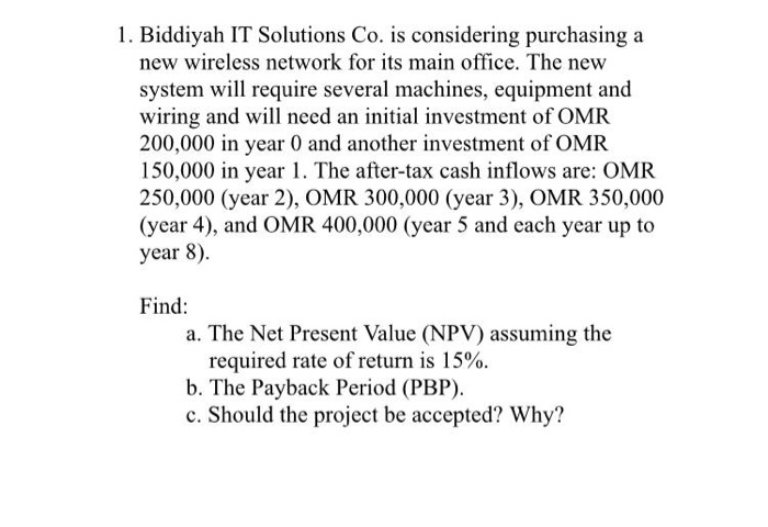  1. Biddiyah IT Solutions Co. is considering purchasing a new wireless