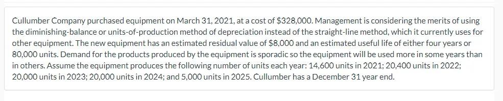 please answer units-of-production method Cullumber Company purchased equipment on March 31,