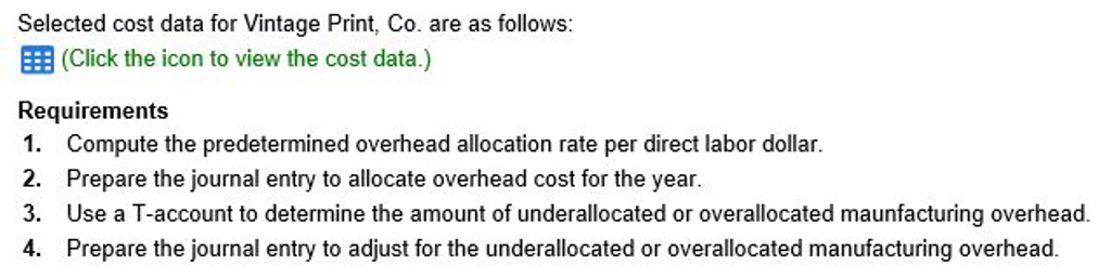  Overhead Allocation Selected cost data for Vintage Print, Co. are as