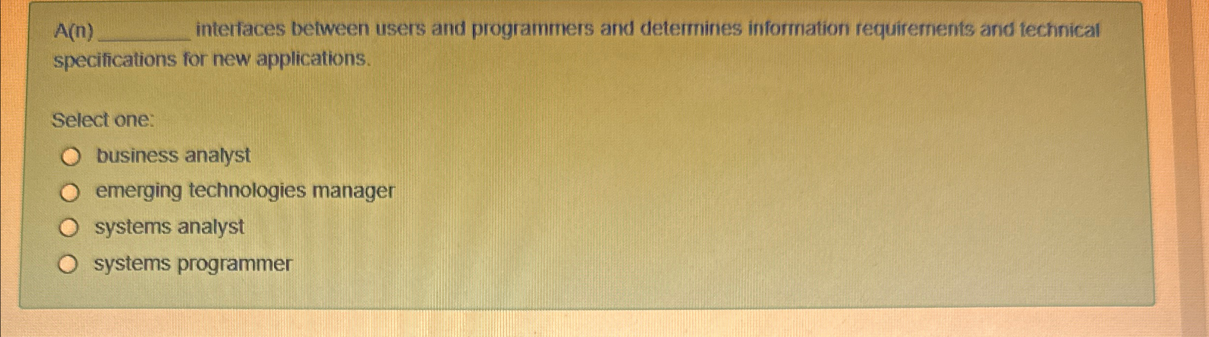  A(n) interfaces between users and programmers and detemines information requirements and