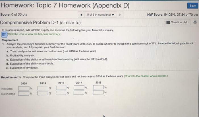  Homework: Topic 7 Homework (Appendix D) Save Score: 0 of 30