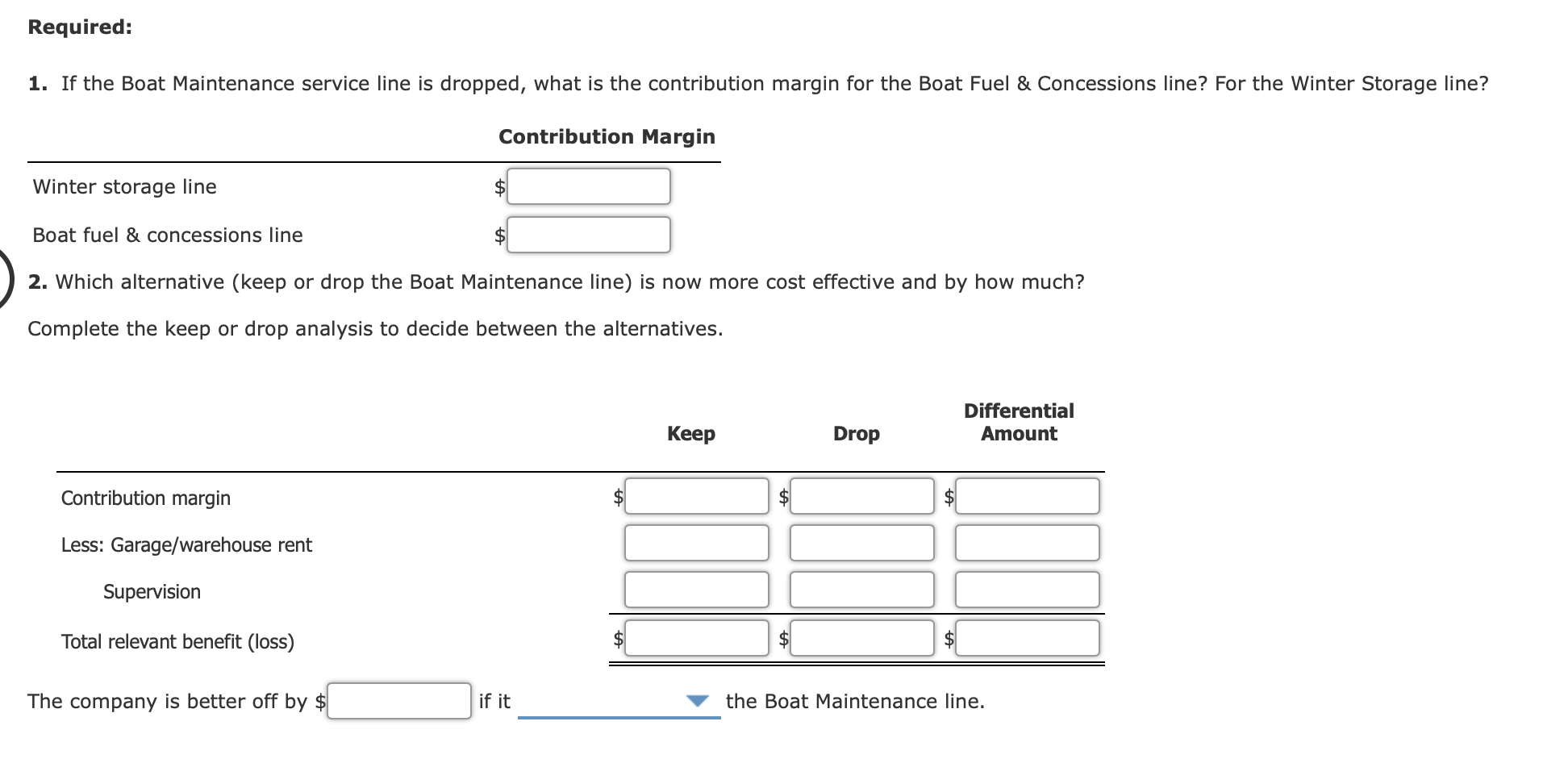 a segmented income statement for Mullett Marina's three main boating service lines: