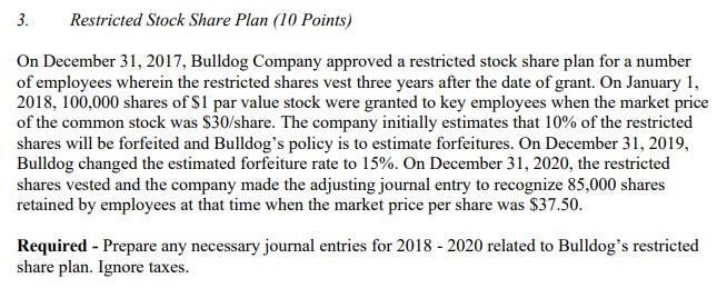  3. Restricted Stock Share Plan (10 Points) On December 31, 2017,