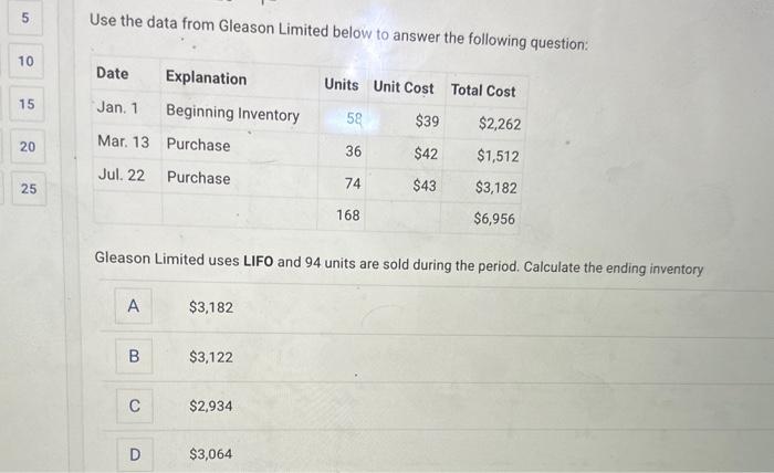 TIME SENSITIVE Use the data from Gleason Limited below to answer the