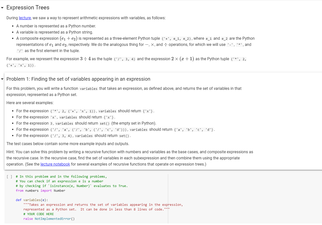  Python Problem: - Expression Trees During lecture, we saw a way