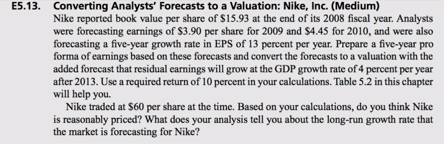E5.13. Converting Analysts' Forecasts to a Valuation: Nike, Inc. (Medium) Nike