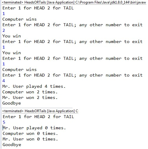 Create a program that accepts as user input 1 for heads, 2