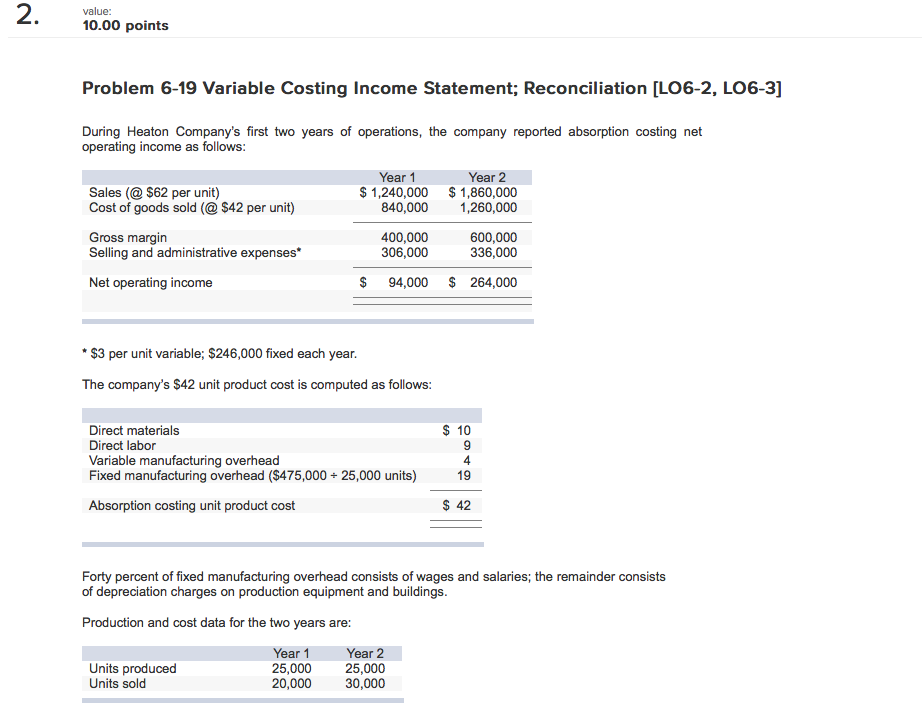  value: 10.00 points Problem 6-19 Variable Costing Income Statement; Reconciliation ILO6-2,
