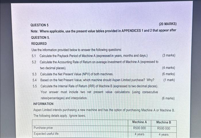  QUESTION 5 (20 MARKS) Note: Where applicable, use the present value