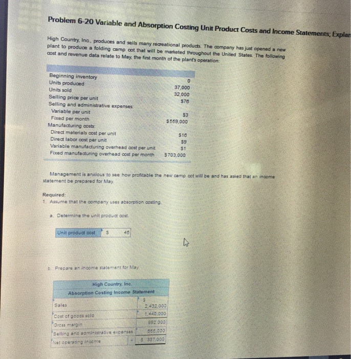  Problem 6-20 Variable and Absorption Costing Unit Product Costs and Income