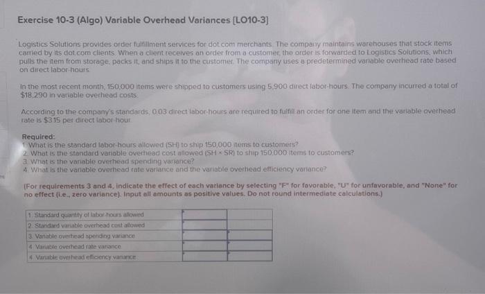  Exercise 10-3 (Algo) Variable Overhead Variances [LO10-3] Logistics Solutions provides order